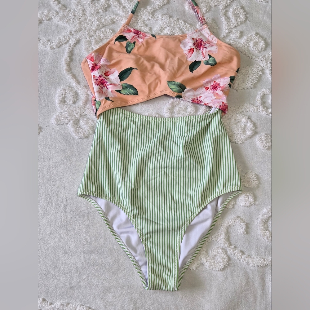 Cupshe Pink+Green Floral and Striped Cut-Out One Piece Halter Style Swimsuit XS